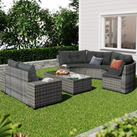 8-Piece Outdoor Wicker Patio Furniture Set with Rectangular Glass Coffee Table for Backyard Conversation