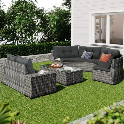 8-Piece Outdoor Wicker Patio Furniture Set with Rectangular Glass Coffee Table for Backyard Conversation