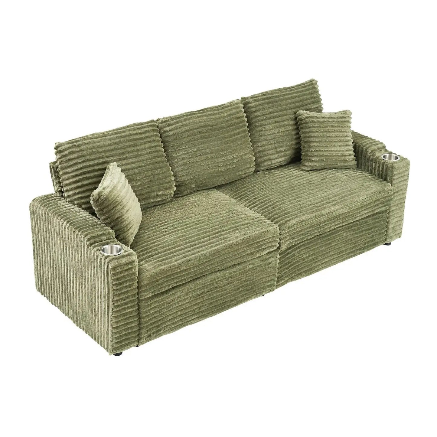 80-Inch Two-in-One Folding Chaise Lounge Corduroy Fabric Hidden Lying Function Cup Holder Pillow Easy-to-Adapt Green for Living