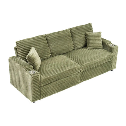80-Inch Two-in-One Folding Chaise Lounge Corduroy Fabric Hidden Lying Function Cup Holder Pillow Easy-to-Adapt Green for Living