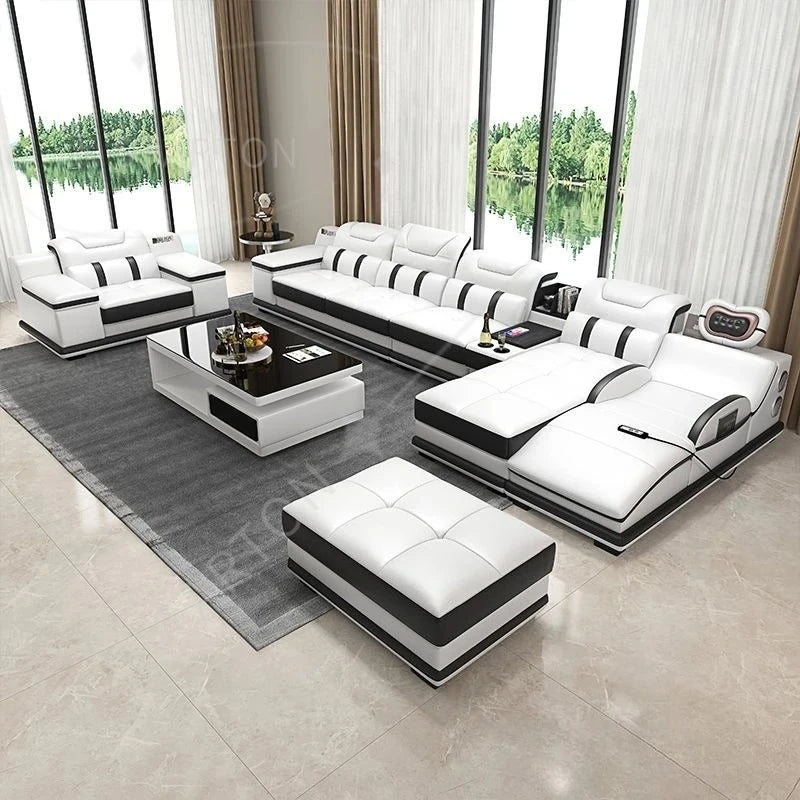 Genuine Leather Sectional Sofa with Bluetooth Speaker, Massage Chaise L Shape Corner Sofa，Functional Headrest