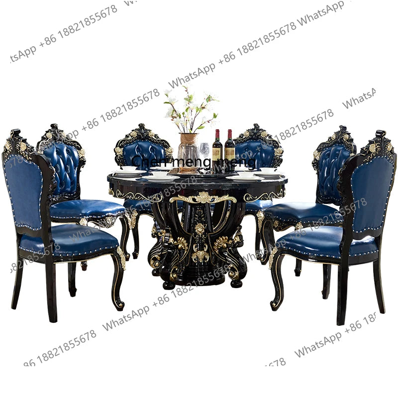 Luxury European dining table Large round table Marble dining table and chair combination American carved family