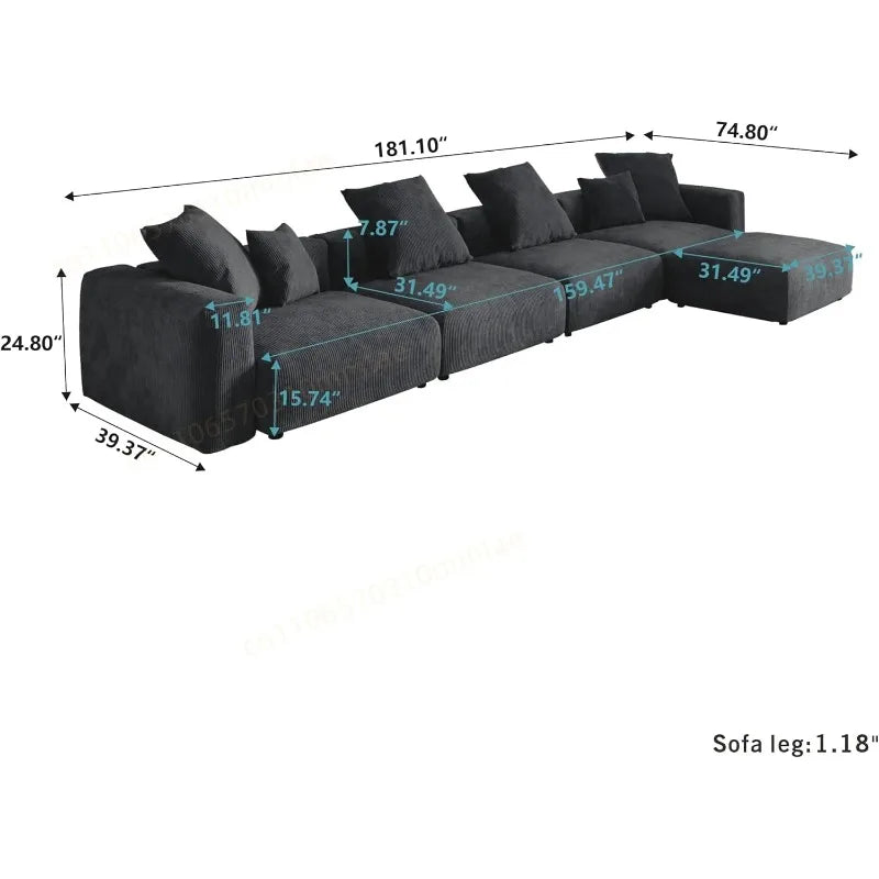 181" Oversized Compressed Sofa Boneless Couch Modular Sofas for Living Room Huge 4-Seats Sectional Couches with Chaise