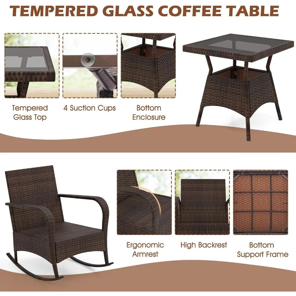 3 Pieces Patio Furniture Set, Outdoor Wicker Rocking Chairs with Cushions, Pillows, Glass Coffee Table, Rattan Bistro Rocker Se