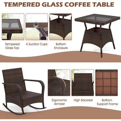 3 Pieces Patio Furniture Set, Outdoor Wicker Rocking Chairs with Cushions, Pillows, Glass Coffee Table, Rattan Bistro Rocker Se