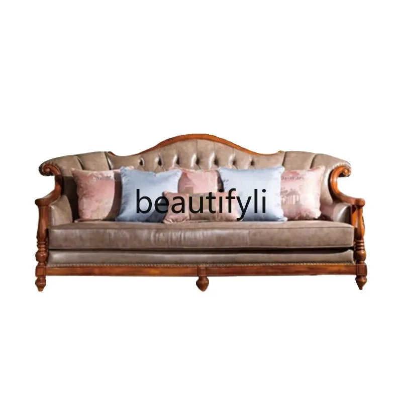 QQ132 American Style Genuine Leather Art Solid Wood Sofa Country  Light Luxury Retro European Style Combination Carved Solid Woo