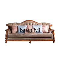 QQ132 American Style Genuine Leather Art Solid Wood Sofa Country  Light Luxury Retro European Style Combination Carved Solid Woo