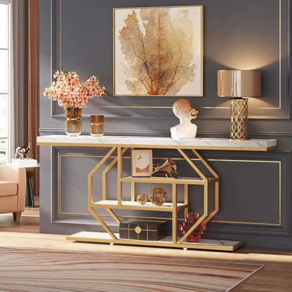 LITTLE TREE 70.9 inch Extra Long Console Table, Gold Sofa Table Behind Couch with Storage for Living Room, Hallway, Entrance