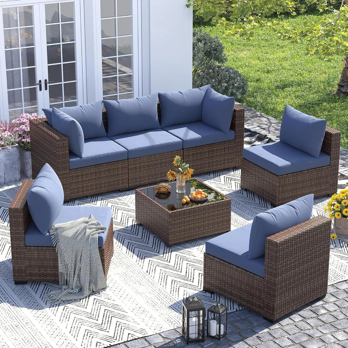 Furniture Set, 7 Piece Sectional Sofas with Wicker Coffee Table, Conversation for Garden, Backyard, Dark Grey, Customized