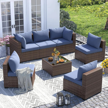 Furniture Set, 7 Piece Sectional Sofas with Wicker Coffee Table, Conversation for Garden, Backyard, Dark Grey, Customized
