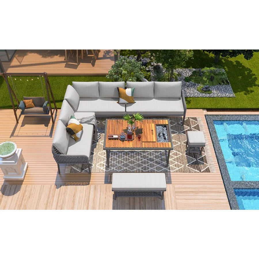 KK 6Piece Rope Patio Furniture LShaped Set Outdoor Sectional Sofa Set with Acacia Wood Table with Ice Box Rope Benches Rope Con