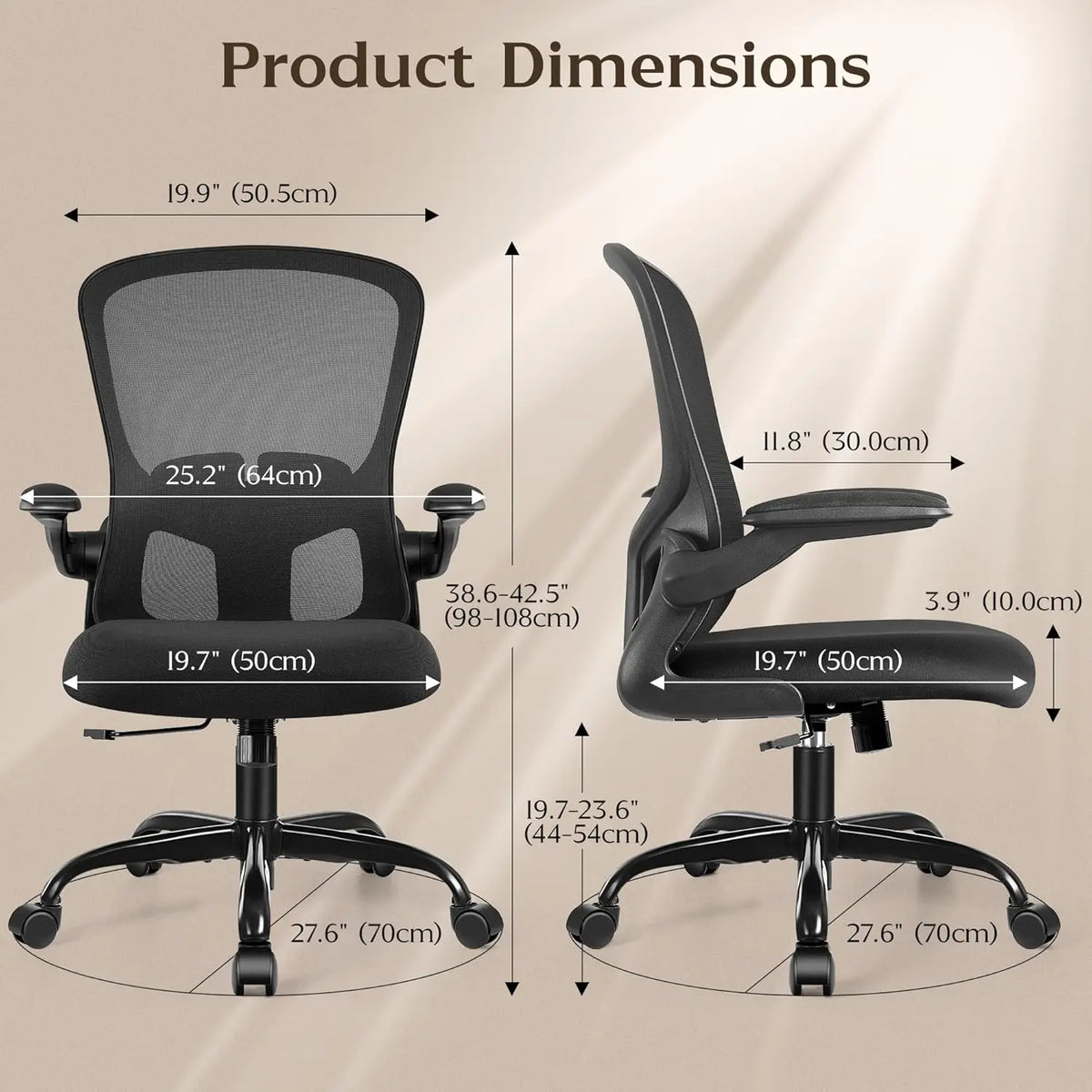 Ergonomic Office Chair with Adjustable Lumbar Support, Height & Flip-up Armrests - Black Mesh Backrest for Comfort