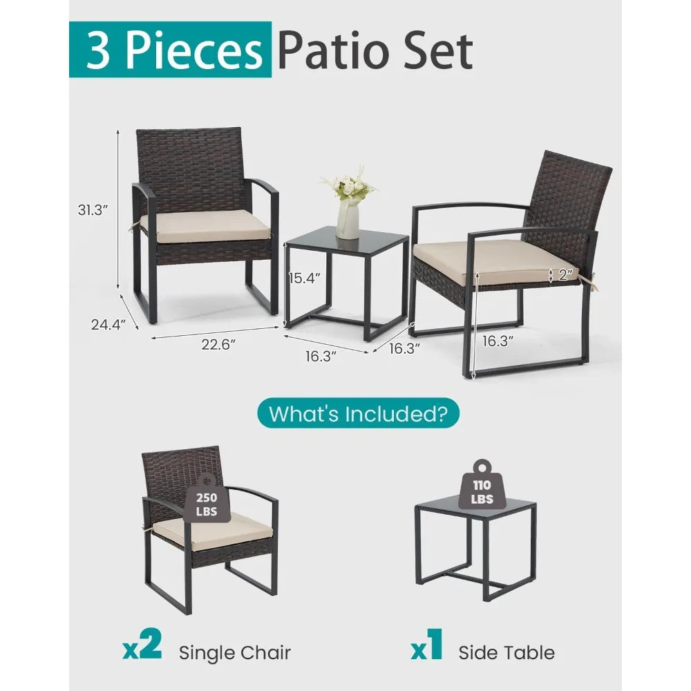 Patio Furniture Set, Outdoor Rattan Bistro Set with Coffee Table, Durable Steel Frame with Strapped Cushions for Garden