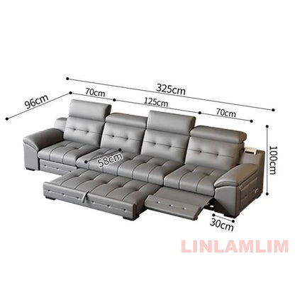 Electric Reclining Sectional Sofa Bed with Cup Holder & Adjustable Headrests – Italian Genuine Leather Convertible Sleeper Couch