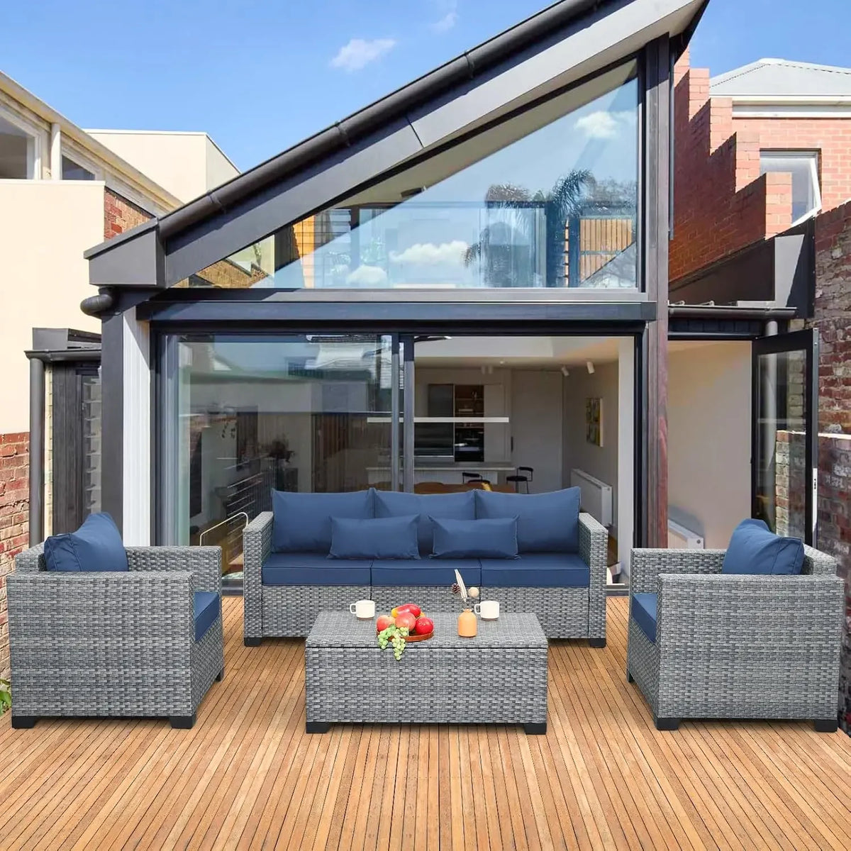 NEW 4 Piece Wicker Patio Furniture Sets Outdoor Conversation Set PE Rattan Sectional Sofa Couch with Storage Table & Royal Blue