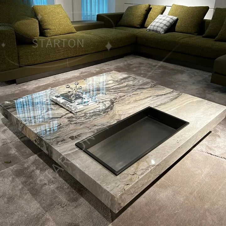 Modern Coffee Table Natural Marble Top Black Marble Coffee Table Center Table for the Living Room