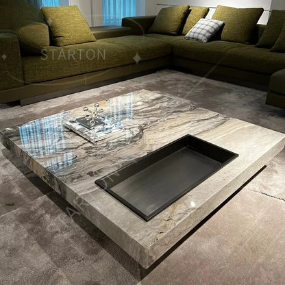 Modern Coffee Table Natural Marble Top Black Marble Coffee Table Center Table for the Living Room