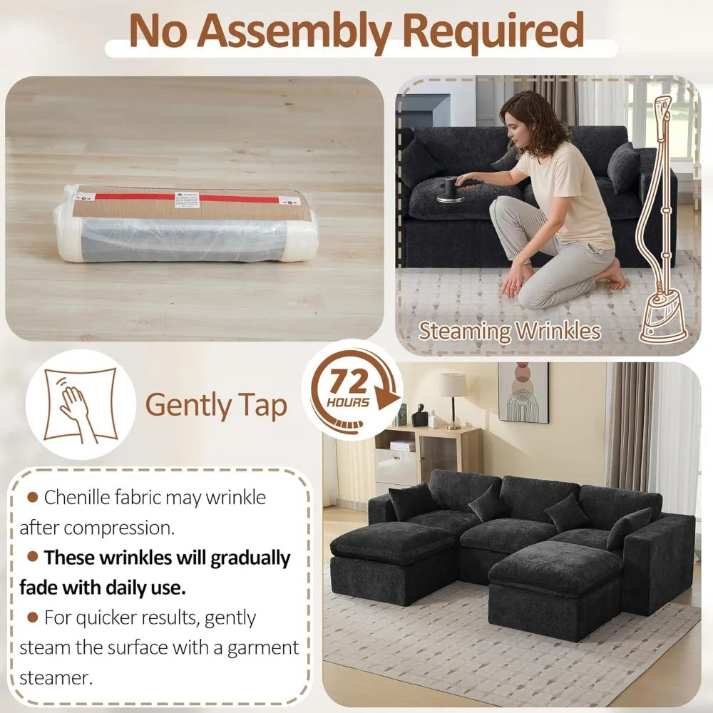 115'' Cloud Boneless Sectional Couch, Modular Sectional Sofa Deep Seat with 2 Ottomans, Oversized Upholstered Convertible Comfy