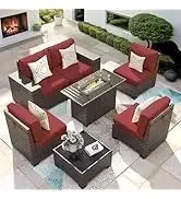 QAZ8-7 Piece Patio Furniture Set Fire Pit Table. Outdoor Conversation Sets Wicker Rattan Sectional Sofa with Coffee TSZ