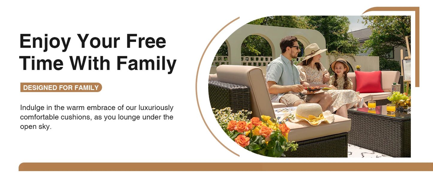 ts All Weather Outdoor Sectional Patio Sofa Manual Weaving Wicker Rattan Patio Seating Sofas with Cushion and Glass Table (Beige