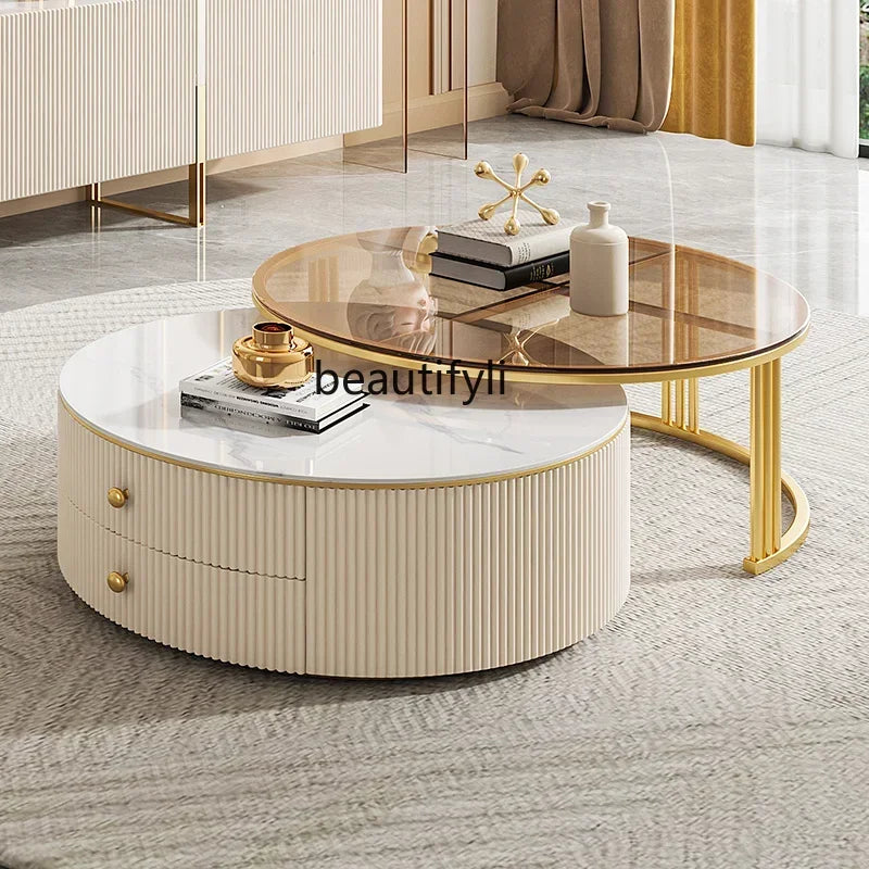 Light Luxury Stone Plate round Tea Table Small Apartment Modern Living Room Glass Coffee Table Living Room Home
