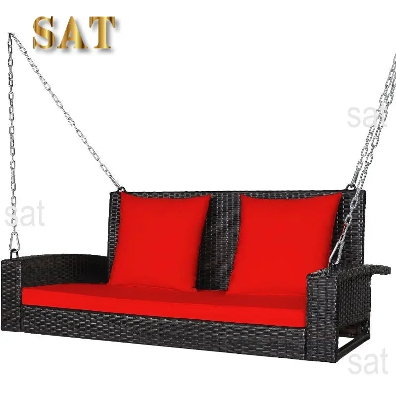 l Hanging Porch Swing, 2-Person Outdoor Wicker Swing Chair Bench With Cushions, Steel Chains For Garden, Backyard, Deck L