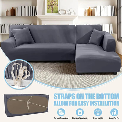 L-Shaped Stretch Sofa Covers, 2-Piece Set with Pillow Covers for Pets and Kids, Light Grey