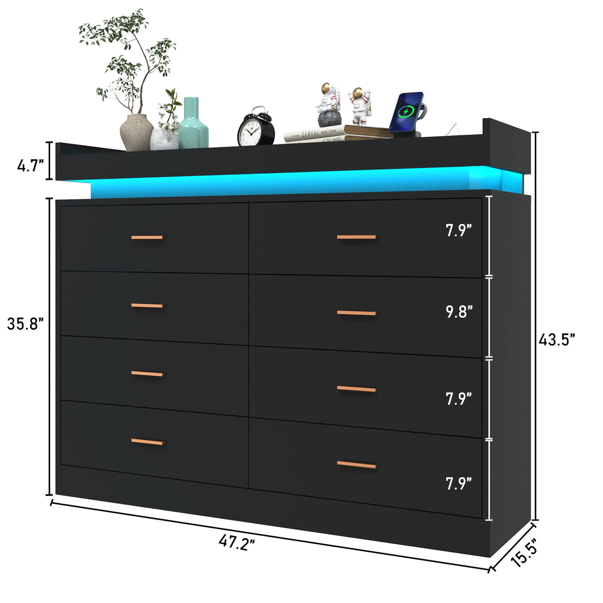 8 Drawer Dresser with LED Light, Modern Chest of Drawers for Closet, 47