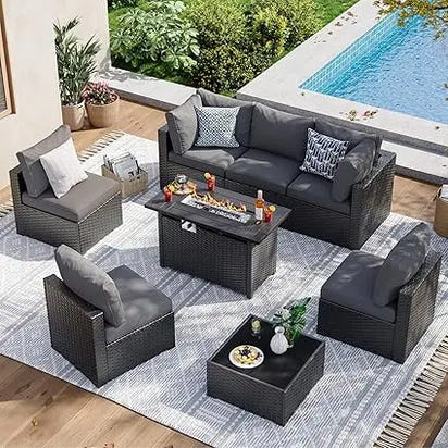 8 Piece Patio Furniture Set with 44” Fire Pit Table Wicker Rattan Patio Sectional Sofa Set Outdoor Seating Furniture with Thick