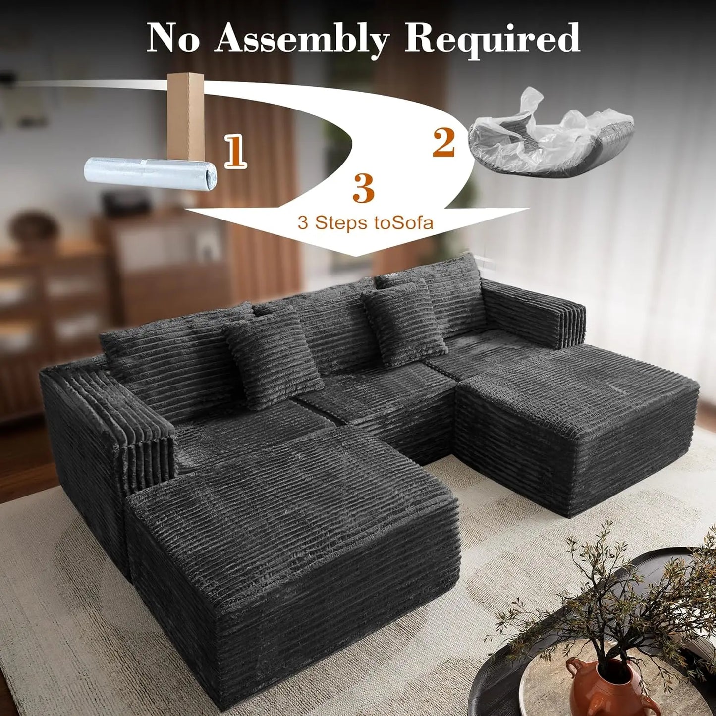 110 Corduroy Modular Sectional Boneless Sofa with 2 Ottomans, Convertible Cloud Couch with Deep Seats, Fluffy Memory Foam U Shap