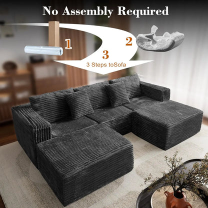 110 Corduroy Modular Sectional Boneless Sofa with 2 Ottomans, Convertible Cloud Couch with Deep Seats, Fluffy Memory Foam U Shap
