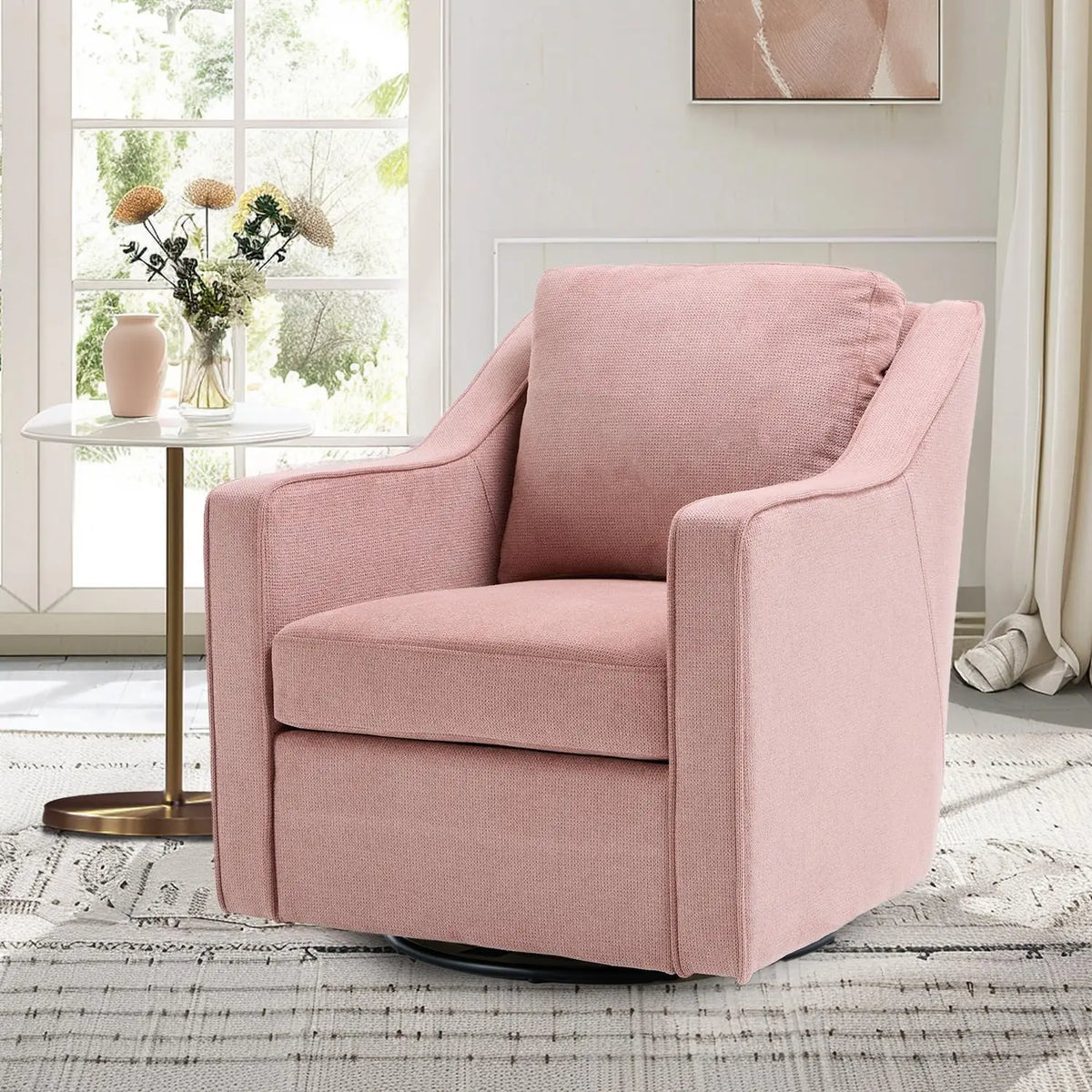 Swivel Accent Chair, 360° Rotation Chenille Fabric Upholstered Leisure Armchair with Lumbar Pillow for Living Room Bedroo