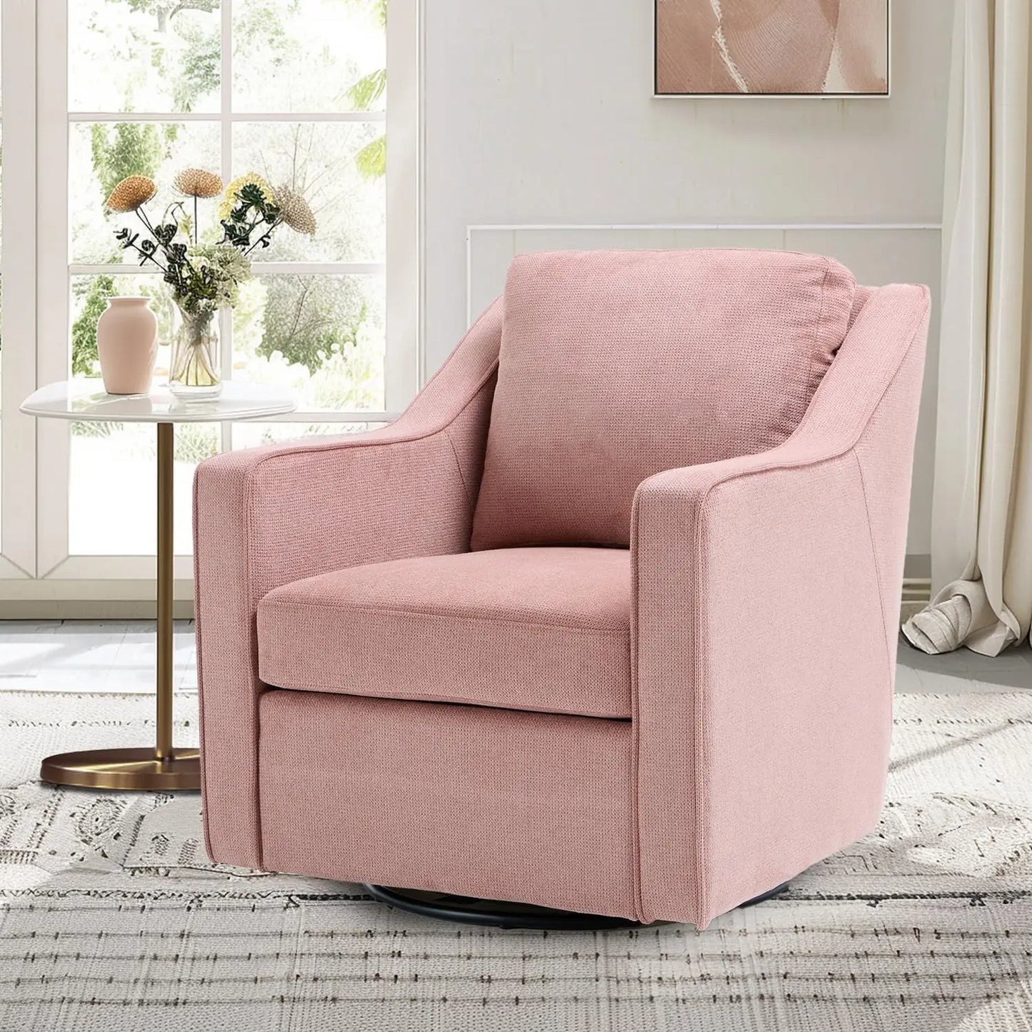 Swivel Accent Chair, 360° Rotation Chenille Fabric Upholstered Leisure Armchair with Lumbar Pillow for Living Room Bedroo