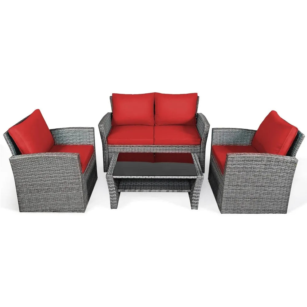 4 Pieces Patio Rattan Furniture Set, Outdoor Wicker Sofa Set with Tempered Glass Coffee Table, Cushions, All Weather Rattan Con
