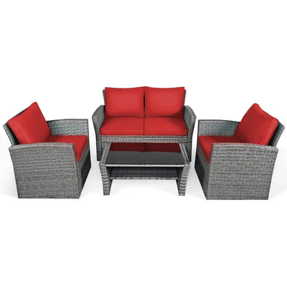 4 Pieces Patio Rattan Furniture Set, Outdoor Wicker Sofa Set with Tempered Glass Coffee Table, Cushions, All Weather Rattan Con