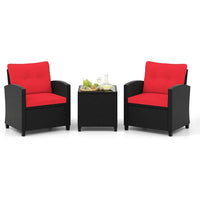 3Piece Rattan Conversation Set with Soft Seat and Back Cushions Tempered Glass Top Coffee Table Cushioned Wicker Seating for Ou