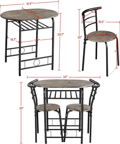 3 Piece Dining Table Set, Kitchen Table & Chair Sets for 2, Compact Bistro Table Set with Steel Legs, Built-in Wine Rack