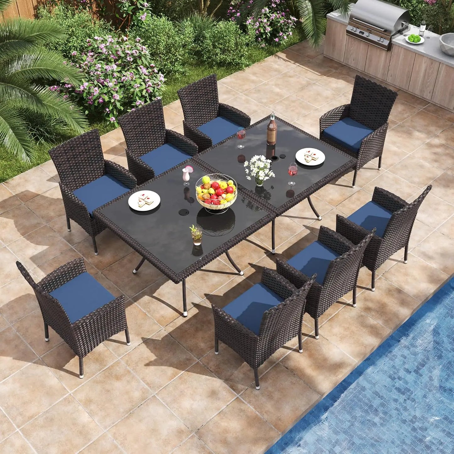 10 Piece Patio Dining Set All-Weather Wicker Outdoor Patio Furniture Set w/Tempered Glass Tabletop, Removable Cushions and Umbre