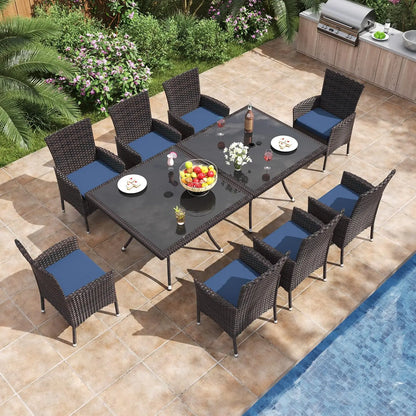 10 Piece Patio Dining Set All-Weather Wicker Outdoor Patio Furniture Set w/Tempered Glass Tabletop, Removable Cushions and Umbre