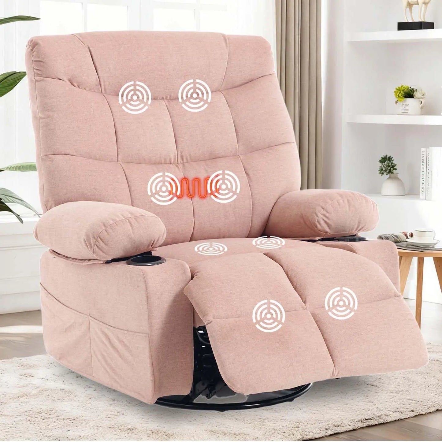 Manual Recliner Massage Heat Breathable Fabric 2 Cup Holders Side Pockets Overstuffed Living Room Brown Customized