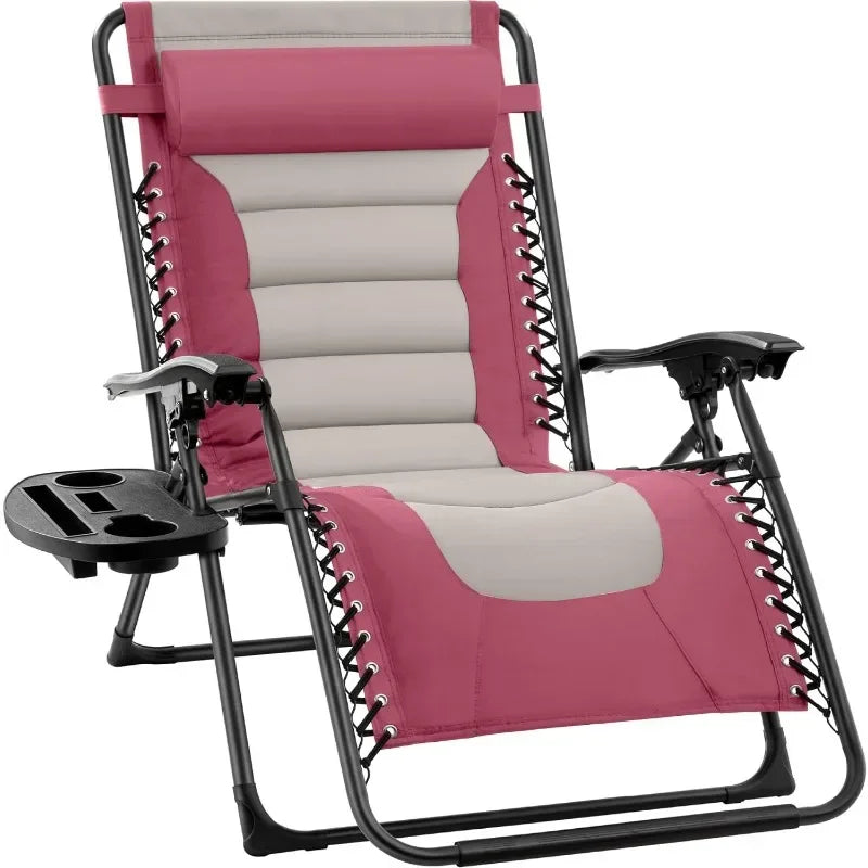 v Oversized Padded Zero Gravity Chair, Folding Outdoor Patio Recliner, XL Anti Gravity Lounger for Backyard w/Headrest, Cup Hold