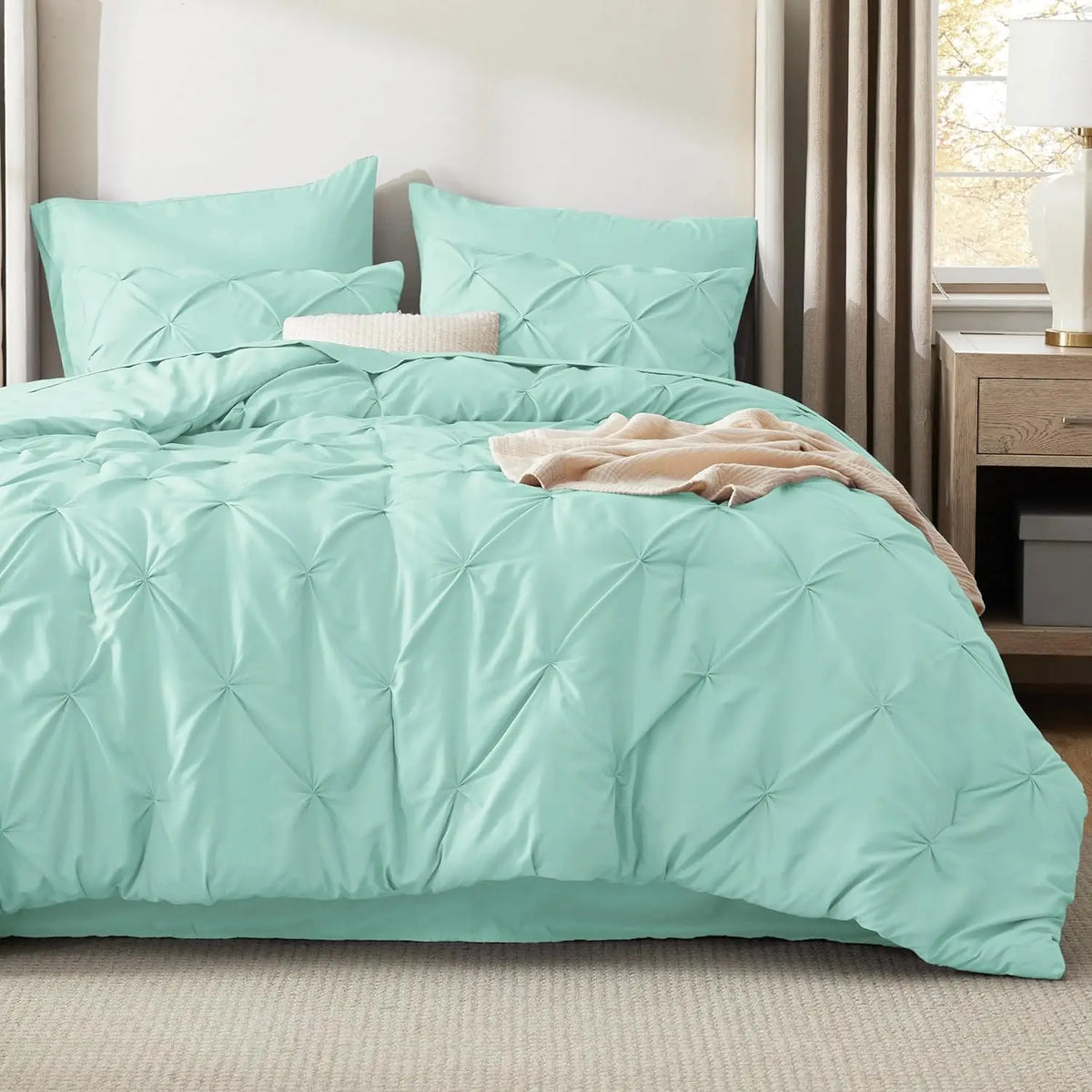 California King Comforter Set Mint Green Bed in a Bag California King 7 Pieces GentleSoft™ Pintuck Bed Set Gift for Family Pinch