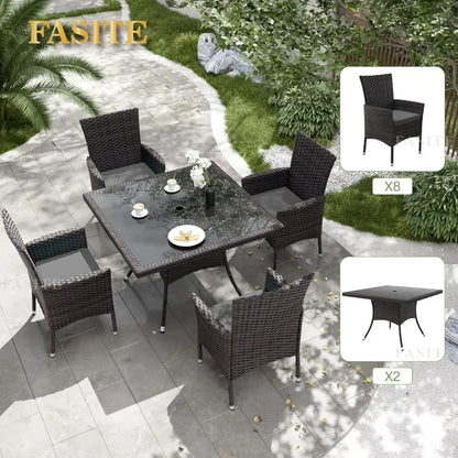 Terrace Furniture Set, Including 8 Cushioned Chairs and 2 Square Tables with Umbrella Shaped Hollow Grey Outdoor Chairs