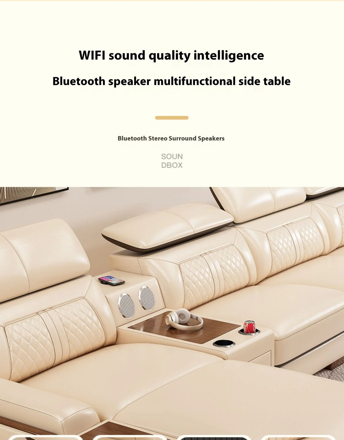 Stylish Italian Genuine Leather Sofa for Living Room with Cup Holder, USB, Adjustable Headrests & Bluetooth Speaker - Lazy Sofa