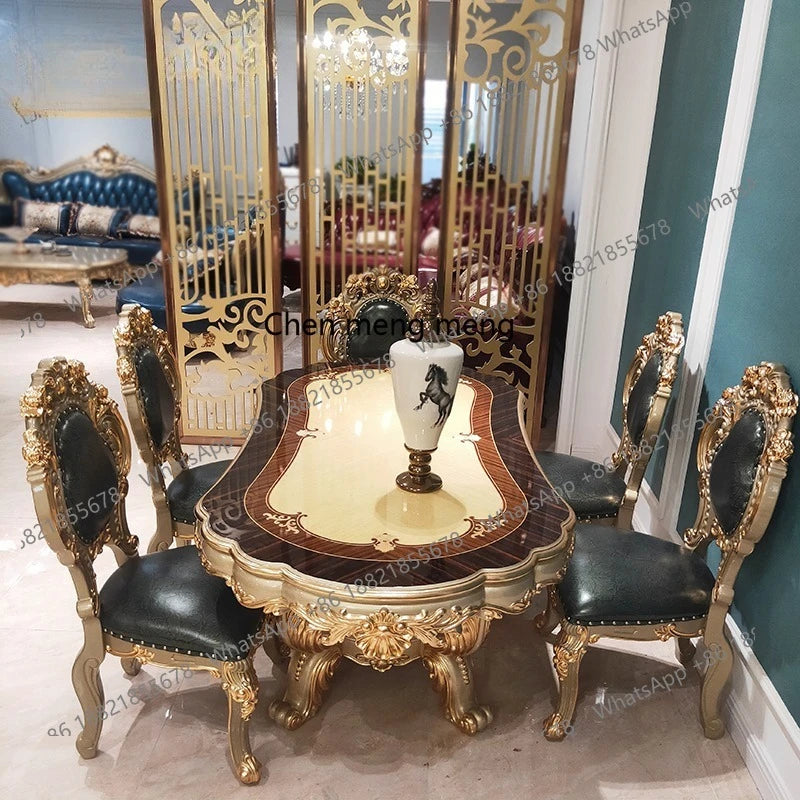 European oval 1.8 meters long dining table and chairs combination villa solid wood carving flower atmosphere dining table