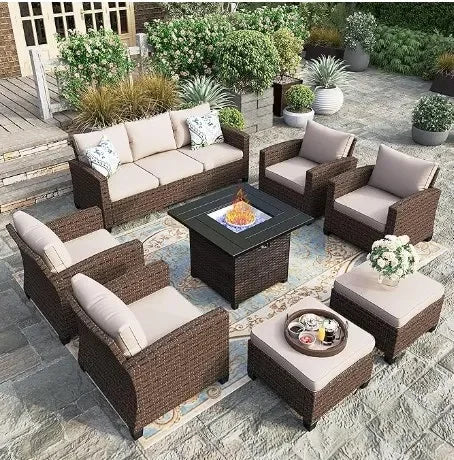 Garden Sofas, Furniture Set with Fire Pit Table, Outdoor Wicker Conversation Set, 3-Seat with 56