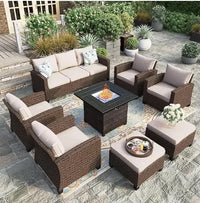 Garden Sofas, Furniture Set with Fire Pit Table, Outdoor Wicker Conversation Set, 3-Seat with 56" Fire Pit Table Garden Sofas