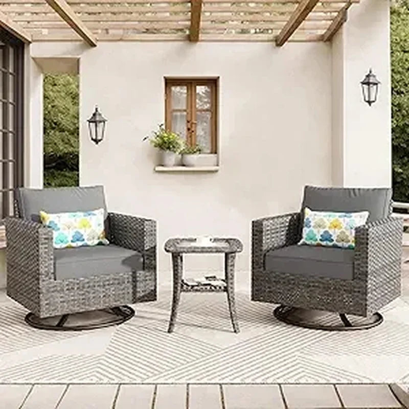 3-Piece Outdoor Swivel Chair Set with Cushions, Rattan Rocking Chairs and Side Table, Comfortable Patio Glider Furniture