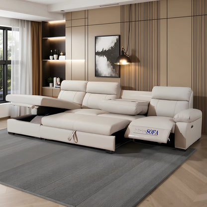 Modern Multi-functional l Shape White Leather Leather Sectional  Foldable Storage and Electric Recliner for Living Room Sofas