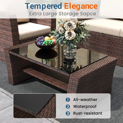 Outdoor Patio Furniture Set，4-Piece Wicker Conversation Set with Brown Rattan Sofa and Cushions for Deck or Porch